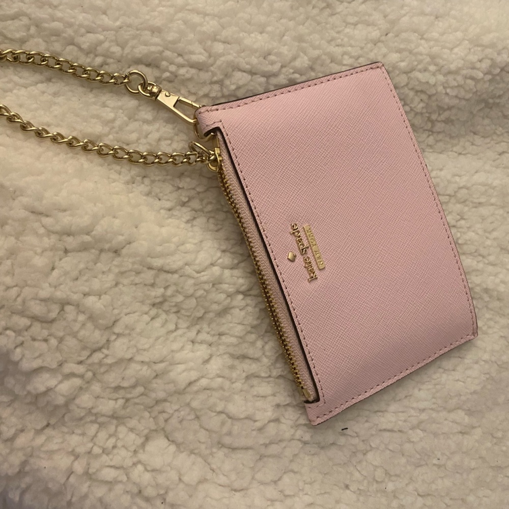 kate spade Pink Saffiano Leather Wristlet Clutch with Gold Chain - Picture 2 of 3